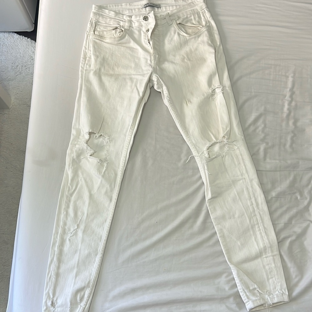Zara skinny white ripped jeans